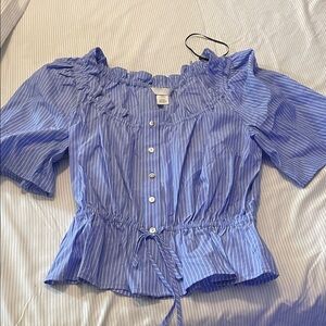 H&M Striped Blue Ruffle Blouse